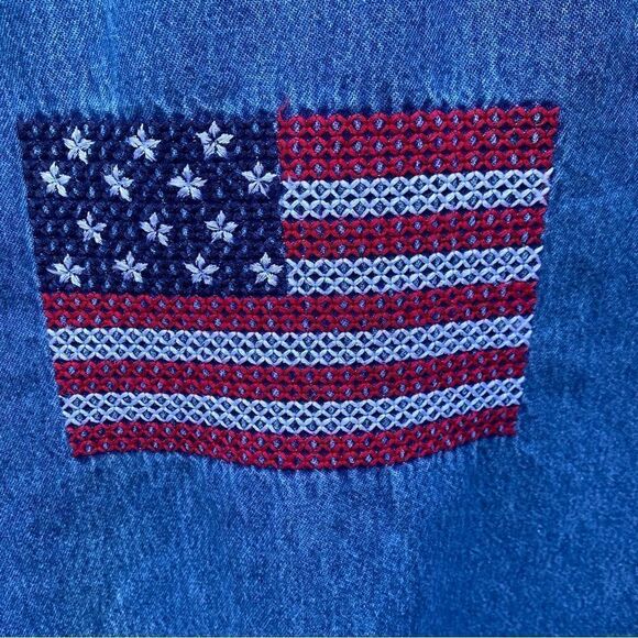Agapo Denim Jumper Graphic American Flag Embroidered Vintage Sz M - Picture 3 of 8